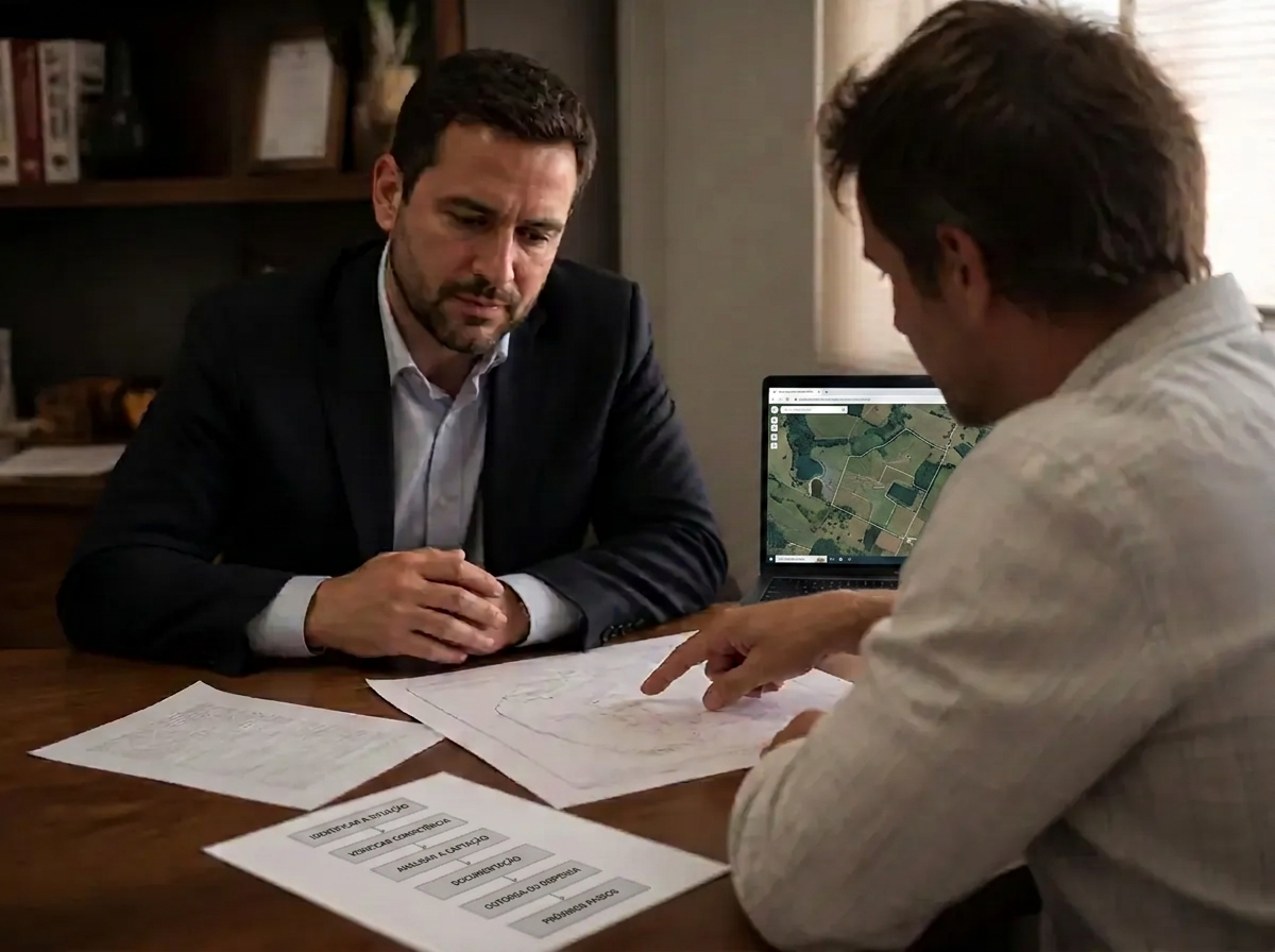 Advogado analisando documentos de uma propriedade durante reunião com cliente em escritório