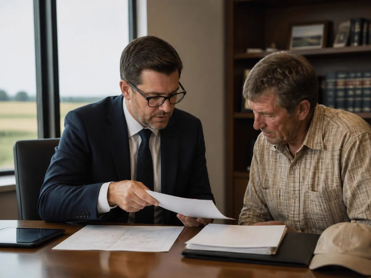 Advogado analisando documentos e mapa de propriedade junto a um cliente produtor rural em escritório